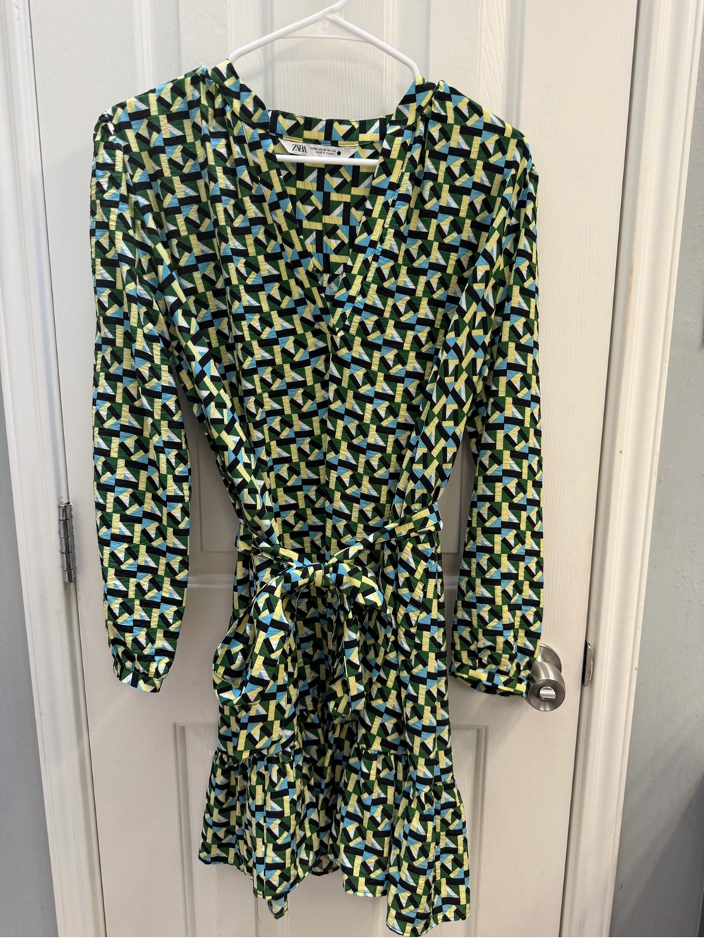 Zara Geometric Print Wrap Dress in Black and Green